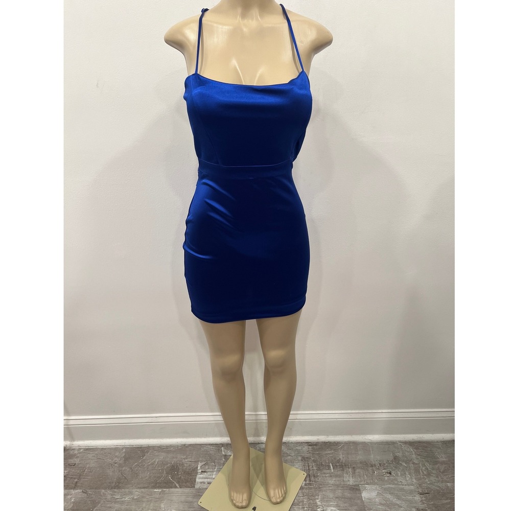 Love Nickie Lew Dress Royal Blue Satin Lace Back Bodycon Cocktail Dress Medium